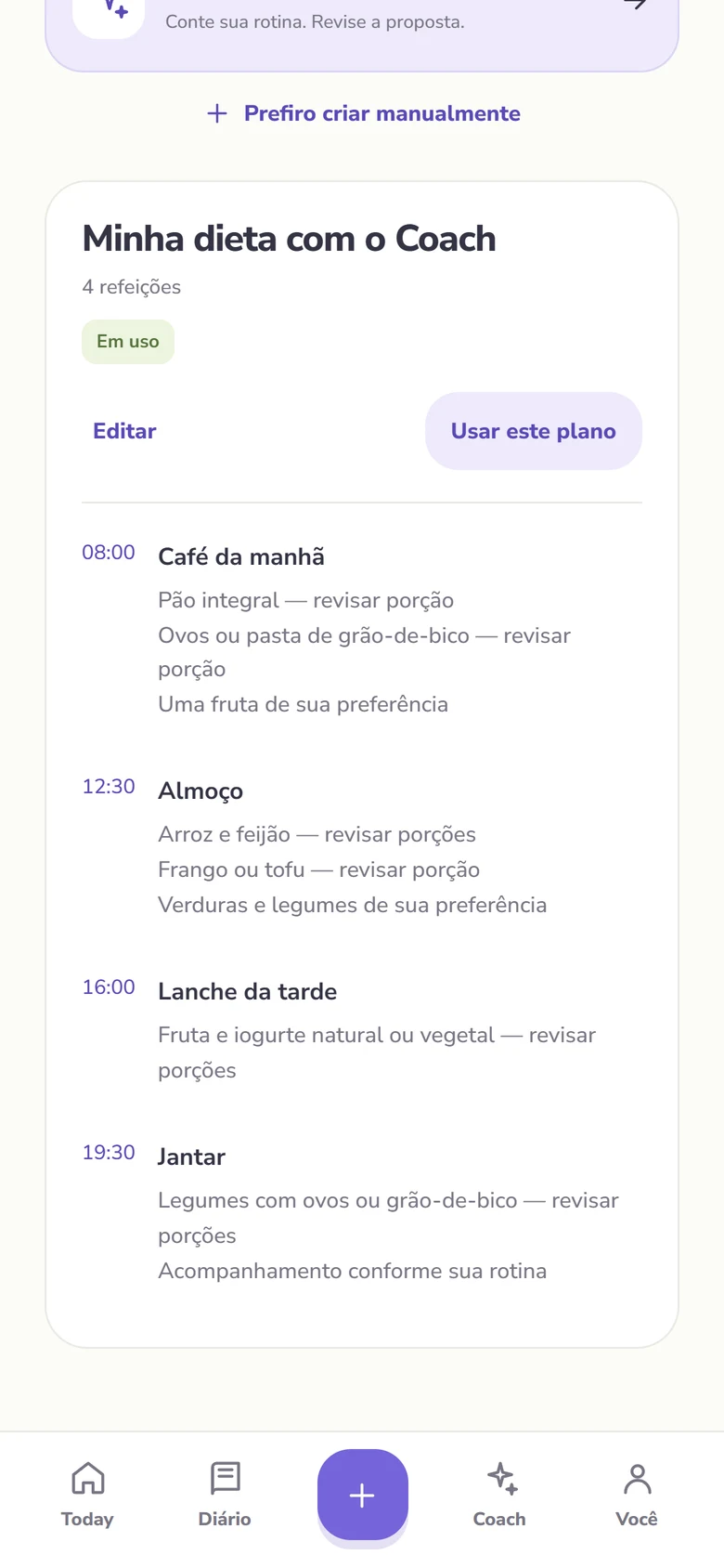 Plano alimentar com refeições por horário